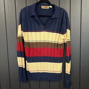 Vintage Tokens Mens Striped Collared Rugby Knit Sweater Large